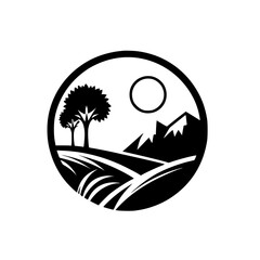 Scenic Circle: Silhouette of Landscape with Trees, Mountains, and Sun