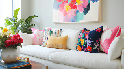 Minimalist living room with a cozy white sofa, colorful throw pillows, and bold flower arrangements. Abstract wall art and vibrant decor create a playful yet modern aesthetic