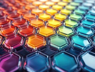 Fototapeta premium A vibrant mosaic of 3D-rendered glass hexagons, each a facet of pure geometric brilliance, bathed in a kaleidoscope of colors, showcasing the intricate beauty of transparent, crystalline forms. 