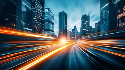 Obraz premium Vibrant orange light trails from traffic streak through a futuristic city with illuminated skyscrapers at night.