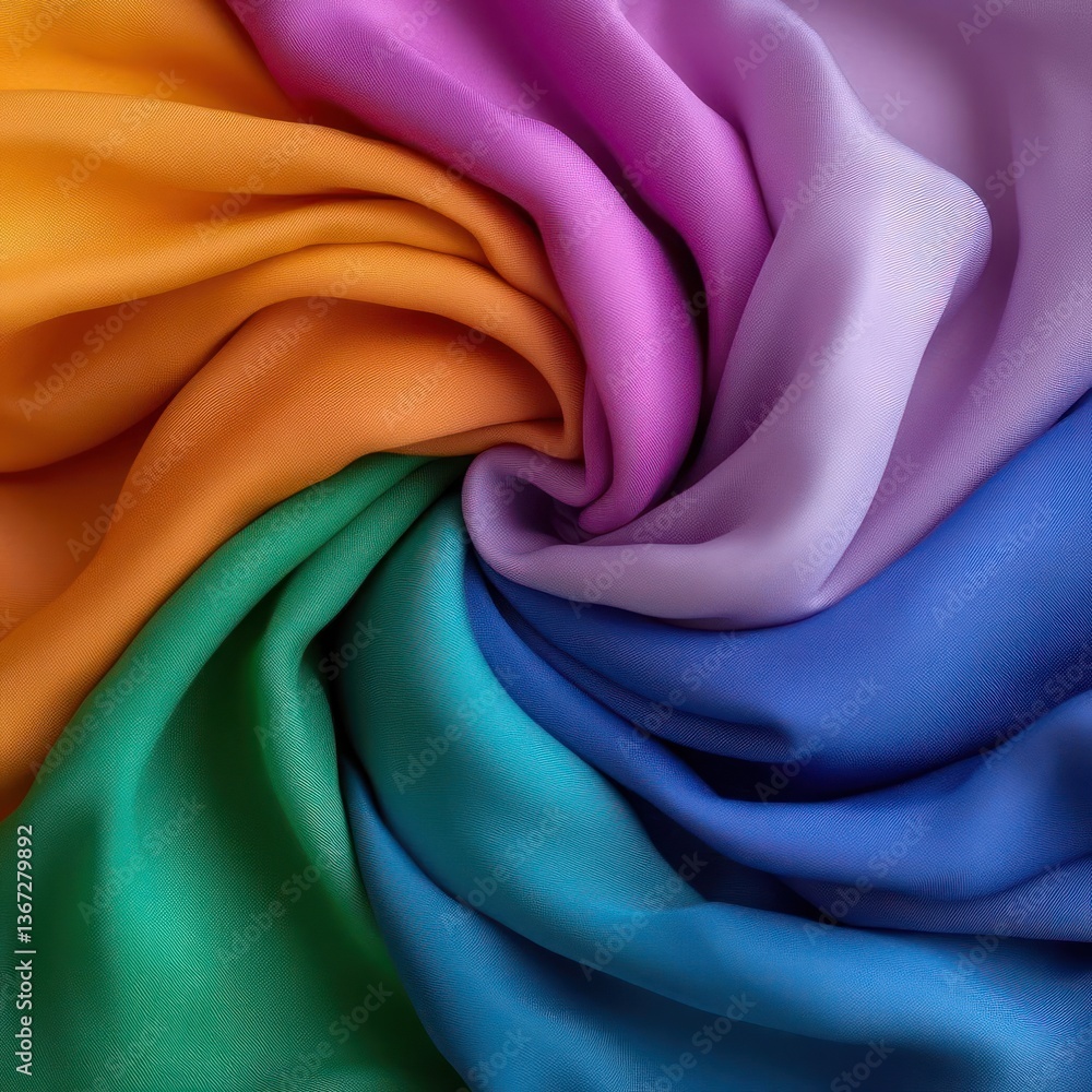 Poster vibrant textile arrangement showcasing a spectrum of colors in a spiral pattern. the fabric has a te