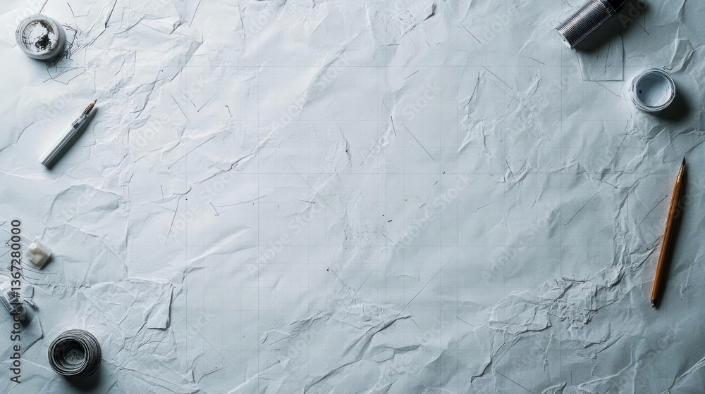 Aufkleber overhead shot of white textured surface with scattered objects like bottle caps pencil and pretzel s