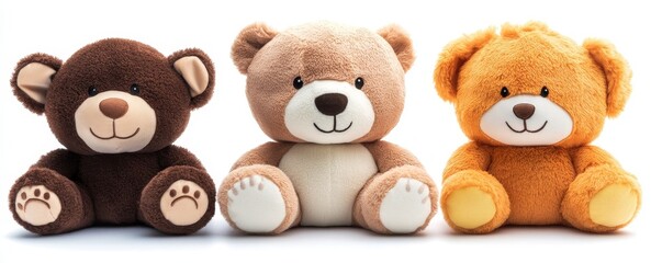 cutout set of 3 stuffed animal toys isolated on white background. Generative AI