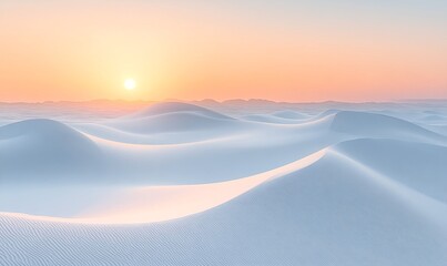 White sand dunes illuminated by the golden hour creating serene geometric patterns and surreal textures