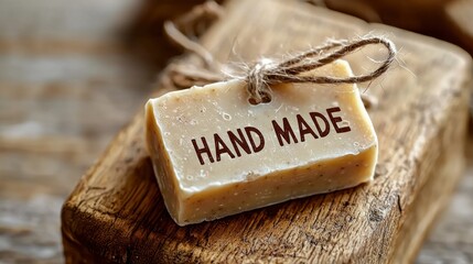 A "HANDMADE" stamp on an artisan soap bar wrapper.