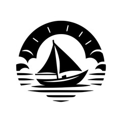 Monochromatic Sailboat Silhouette: Coastal Sunset Emblem