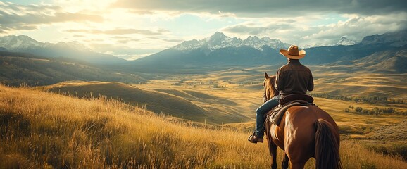 Contemplative cowboy horseback gazing at grand vista beneath sun-kissed clouds