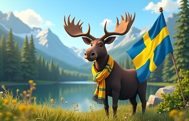 Majestic Moose in a Yellow-Blue Scarf Celebrating Swedish Independence Day in a Summer Landscape