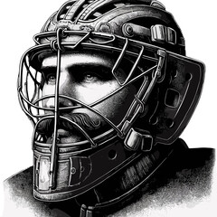 Hockey Goalie, determined, wearing a helmet with a metal cage against a black background