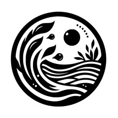 Circular Nature Icon: Waves, Leaves, and Sun in Monochrome