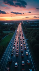 Fototapeta premium Fast-moving highway traffic passes suburban farmland and commercial buildings.