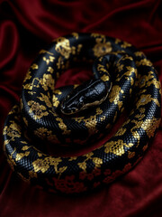 Fototapeta premium Serpent coiled elegantly on rich fabric showcasing intricate patterns and vibrant colors
