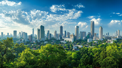 Fototapeta premium Environmental, Social, and Governance (ESG) Concept, Lush Green Cityscape Modern Skyscrapers Amidst Vibrant Tropical Foliage