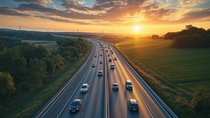 Fast-moving highway traffic passes suburban farmland and commercial buildings.