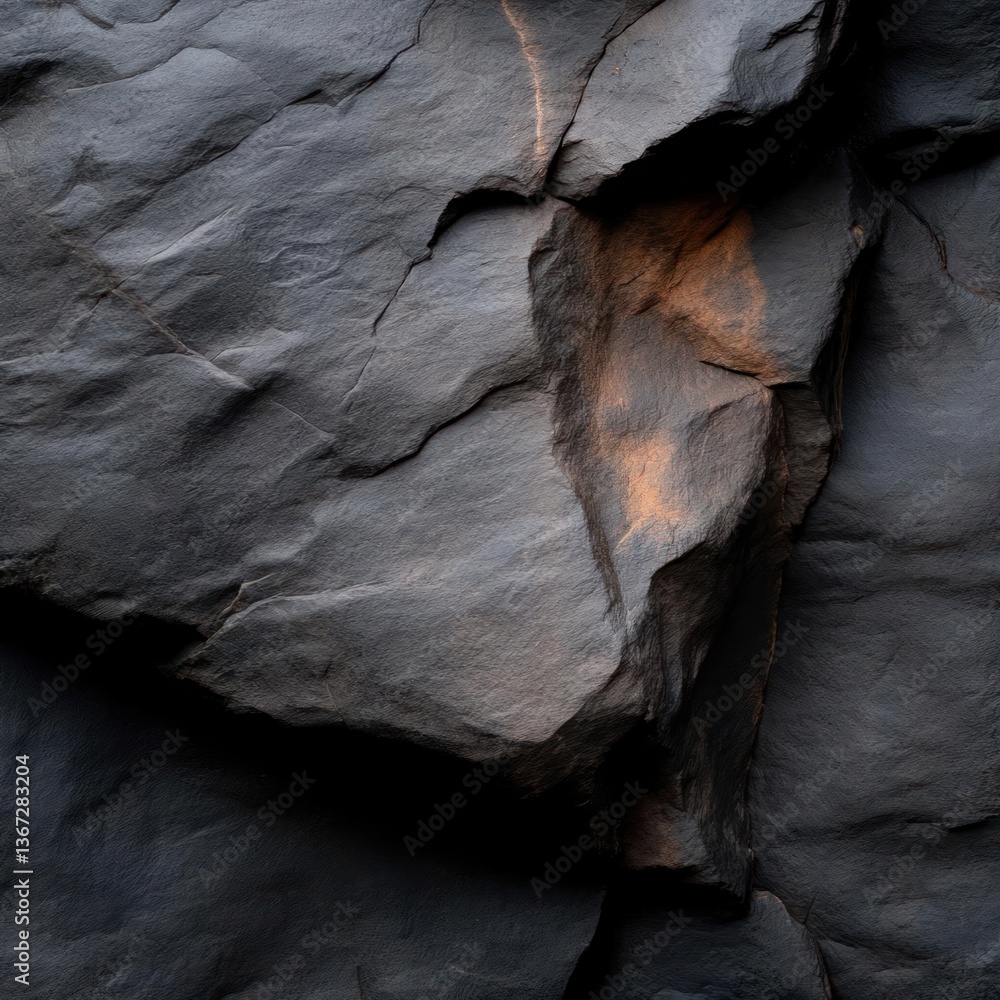 Poster Close-up of dark gray rock surface texture with rough edges and subtle brown and golden inclusions. Abstract natural background of stone
