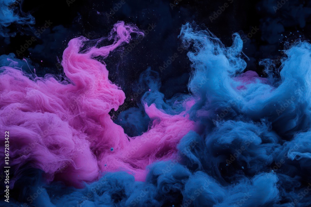 Poster Abstract composition of pink and blue swirling powder clouds with sparkling particles on a dark background creating a vibrant and dynamic effect