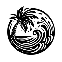 Tropical Haven: Black & White Circular Palm & Wave Design