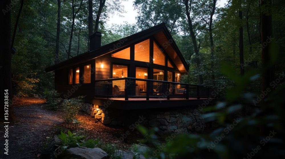 Aufkleber wooden cabin illuminated at dusk in dense green forest with warm interior lights creating inviting a
