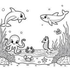 Fototapeta premium Perfect for classrooms, homeschooling, daycare activities, and creative family fun, this illustration encourages learning about marine life and ocean conservation while fostering creativity.