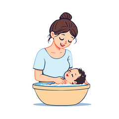 Loving mother gently bathing her newborn baby in a basin