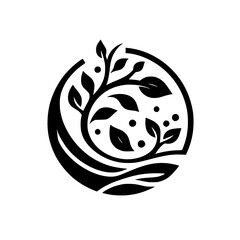 Black & White: Earthy Logo with Organic Foliage in a Circle
