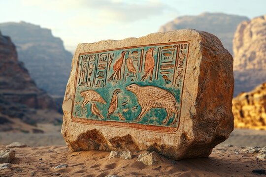 Ancient stone carving depicting birds, animals, and hieroglyphs in a desert landscape.