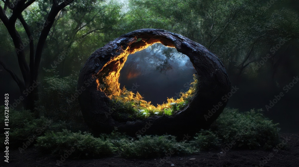 Aufkleber Surreal outdoor scene featuring a glowing portal in a forest setting. The portal is illuminated and surrounded by lush greenery and trees