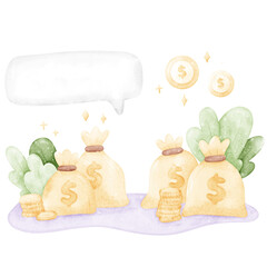 Growing and increasing wealth, investment concept. Money, income growth, financial watercolor style