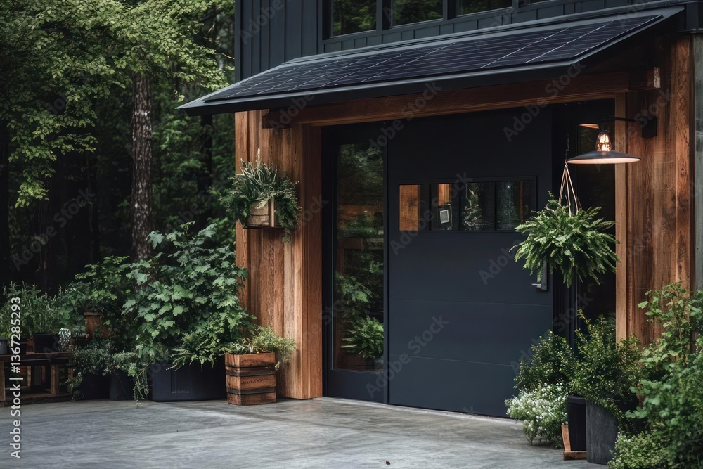 Poster exterior view of a modern home with wooden siding dark garage door and lush greenery surrounding the