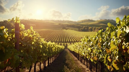 Naklejka premium Lush vineyard landscape bathed in warm sunlight at sunset.