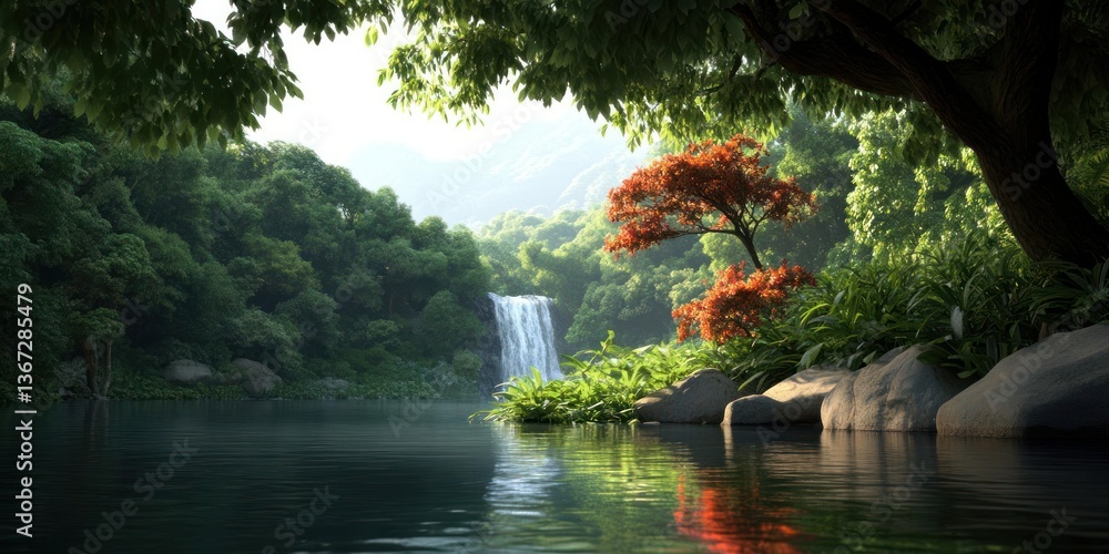 Poster Serene landscape with a flowing waterfall amidst lush greenery and a reflective lake creating a tranquil natural scene with warm sunlight illuminating the red tree