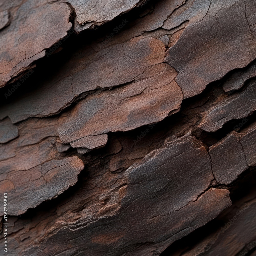 Leinwandbilder Close-up textured image of dark brown tree bark showing natural patterns and rough surface details in warm light