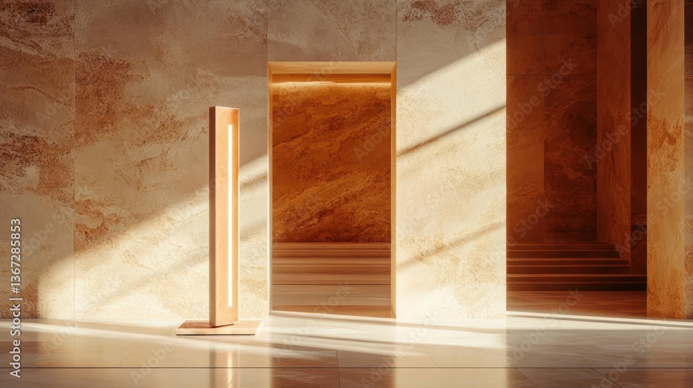 Poster architectural interior with textured walls a tall modern lamp and a large mirror reflects the space 