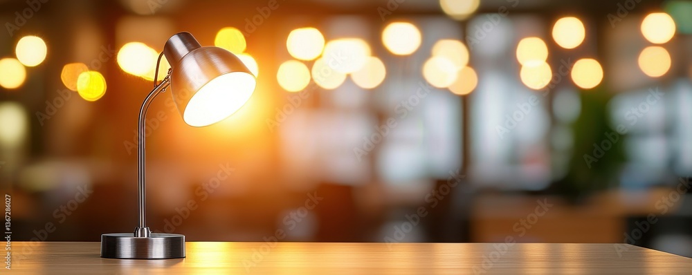 Poster blurry background office workspace lighting concept. bright desk lamp illuminating a cozy workspace 