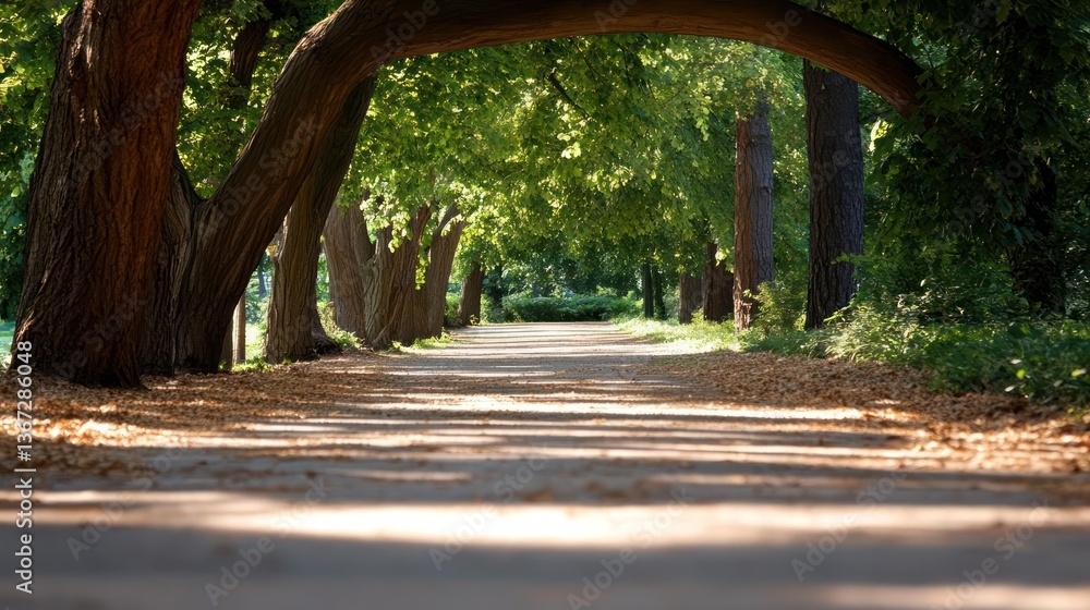 Poster pathway through a tree lined arboretum with dappled sunlight filtering through the green foliage and
