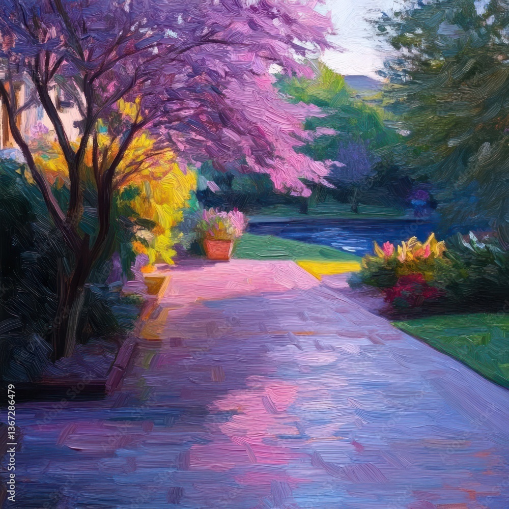 Poster pathway through a lush garden with vibrant blooms and a stream under a colorful sky with painterly s
