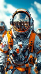 A group of astronauts in orange and white spacesuits walking in a line