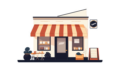 Charming Coffee Shop Exterior with Striped Awning and Patio Seating Vector