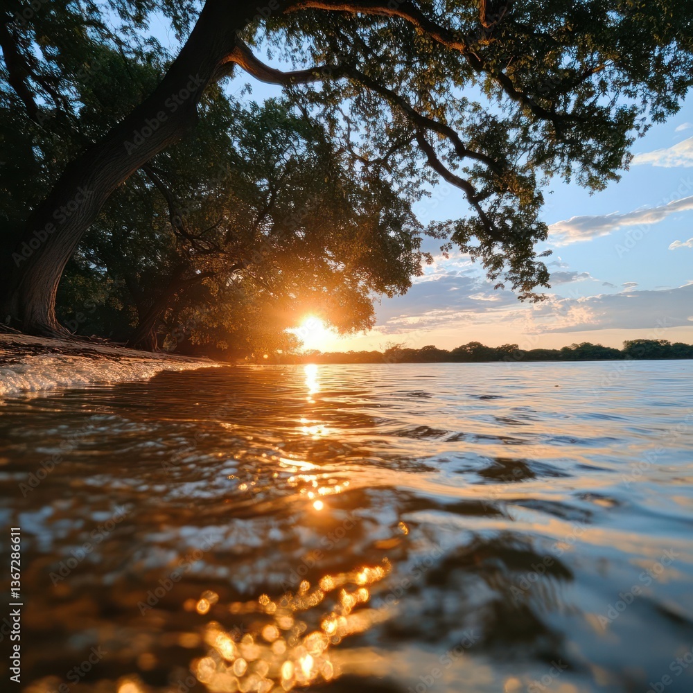Poster golden sunset over tranquil water with tree branch silhouette reflecting in the shallows and a vibra
