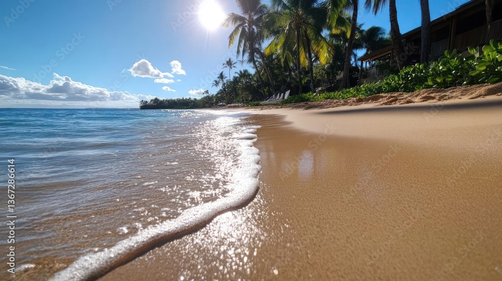 Aufkleber bright sunny beach scene with waves lapping against the sand palms trees and clear blue sky with a b