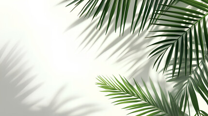 Palm leaves leaf shadow on white background. Natural palm branch shadow on white background. Tropical palm leaves shadow overlay effect, ideal for summer spring design elements