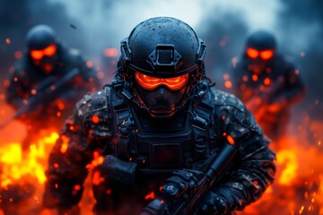 A group of soldiers in riot gear running through a fire