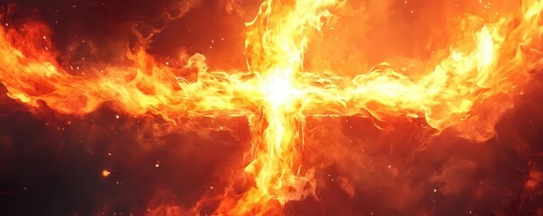 Fire element cross, flame patterns and glowing heat hues, energetic style, watercolor style