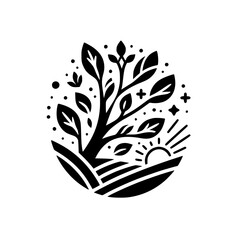 Serene Black & White Nature Icon: Growth, Sun, & Fields