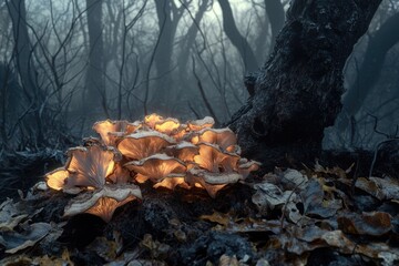 Obraz premium Glowing mushrooms cluster at the base of a dark tree in a misty, mysterious forest.