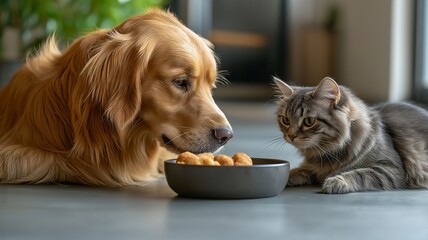 A golden retriever and a fluffy cat share a meal in a contemporary home.