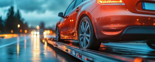 generic unidentifiable car loaded on a towing or recovery breakdown truck driving on the highway for repairing or warranty services concepts as wide banner design with copyspace. Generative AI