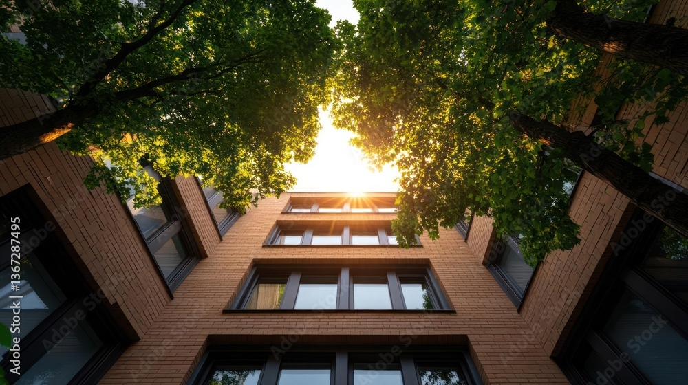 Aufkleber Low angle view of modern brick building facade with multiple windows beneath lush green trees and bright sunlight filtering through the branches