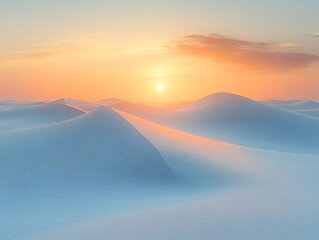 White sand dunes illuminated by the golden hour creating serene geometric patterns and surreal textures