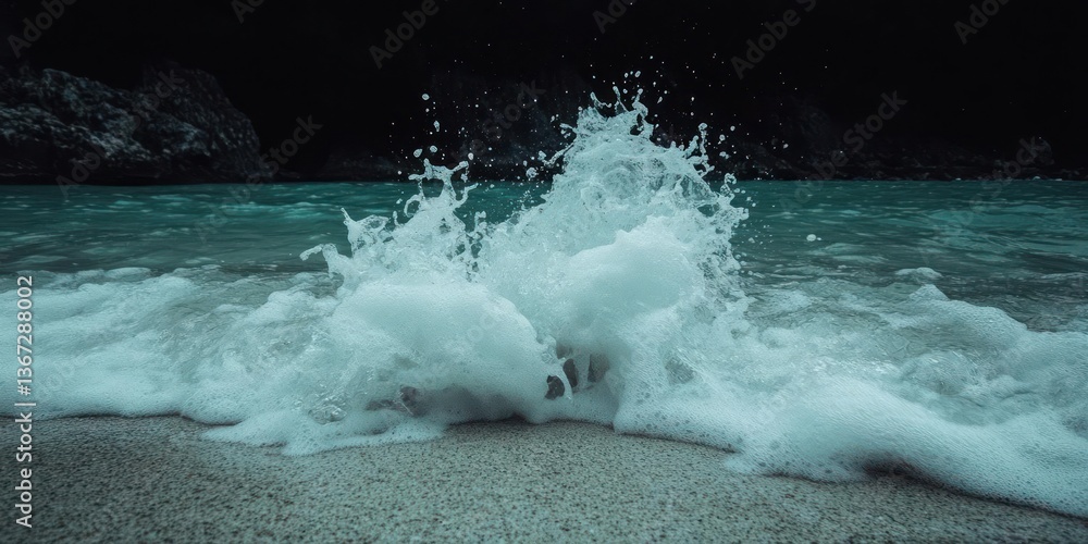 Poster Close up of a turquoise ocean wave crashing on a grainy beach creating white foam against a dark cliff background conveying a sense of nature and tranquility